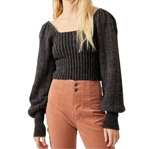 Free People Katie Pullover Black Ribbed Cropped Sweater Puff Long Sleeves Sz M
